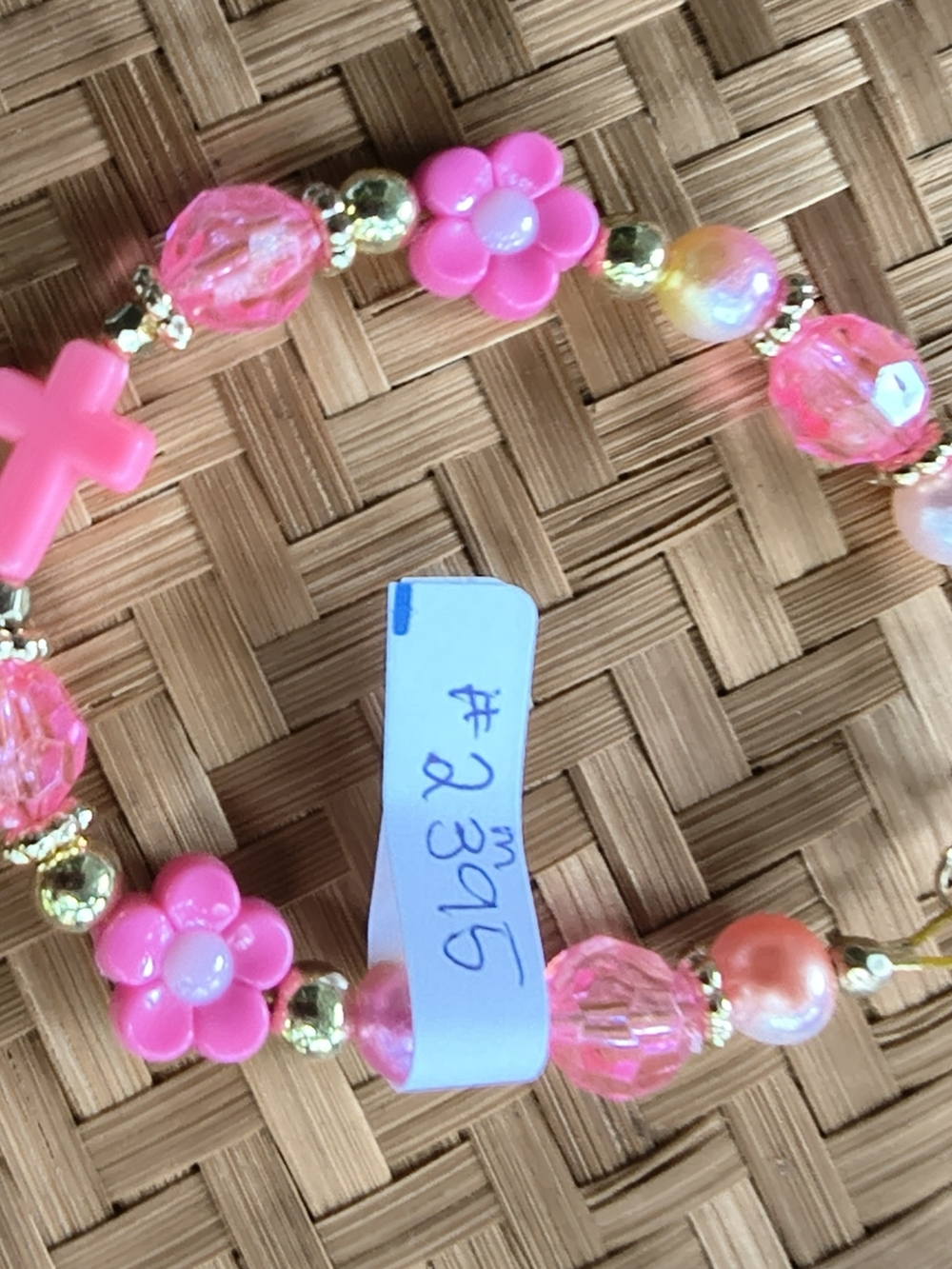 Kids Pink Bead & Flower Stretch Bracelet - Unbranded
